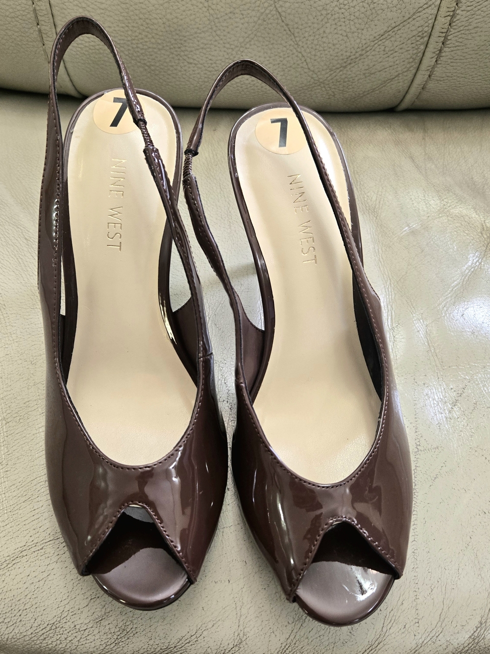 Nine West Brown Patent Slingback Peep-Toe Heels